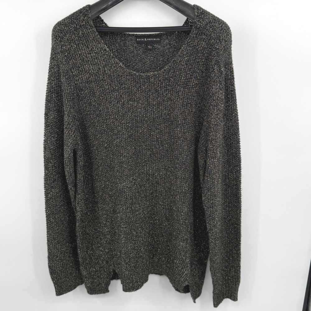 Rock & Republic Black Gold Metallic Knit Long Sleeve Sweater Women's Large Y2K